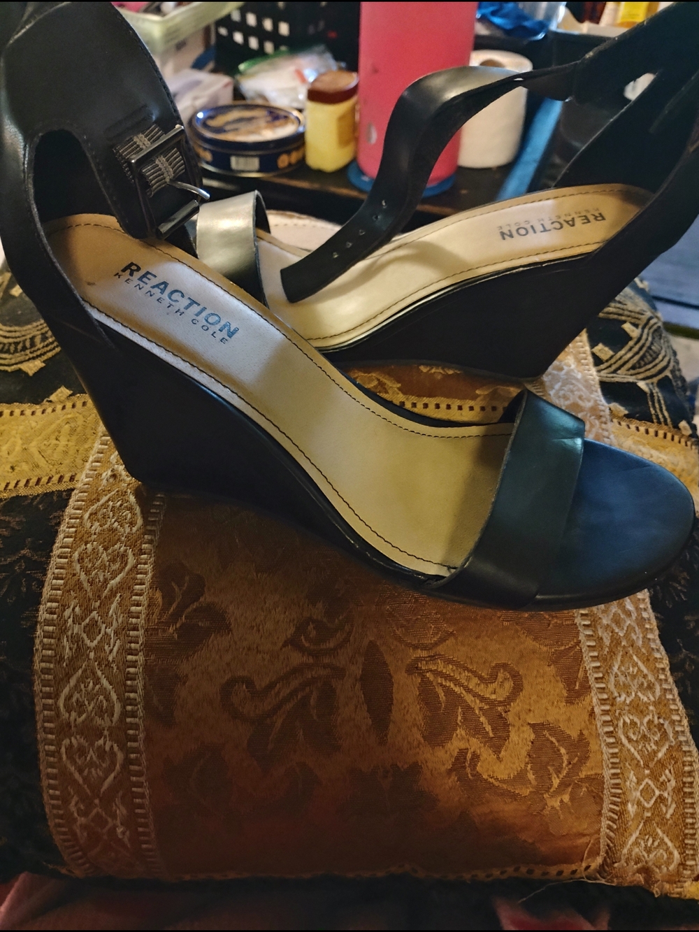 Kenneth Cole Reaction Black Wedge Sandals with Ankle Strap